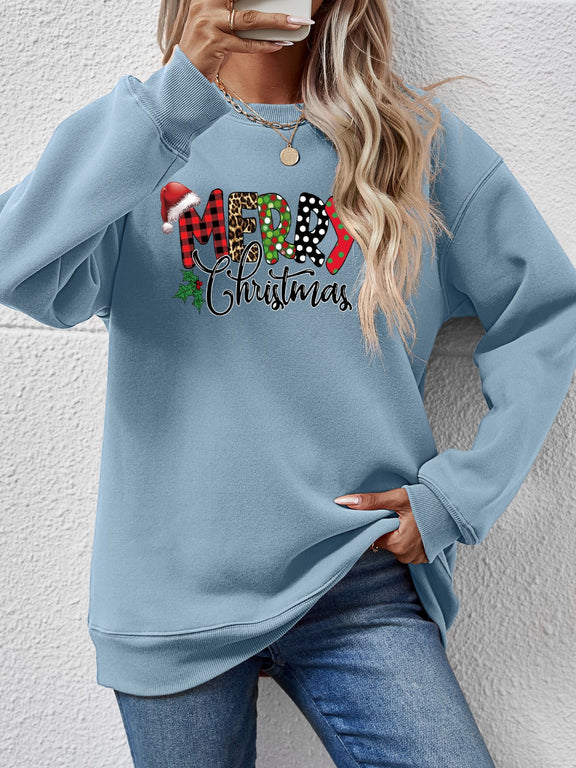 MERRY CHRISTMAS Round Neck Dropped Shoulder Sweatshirt Misty Blue