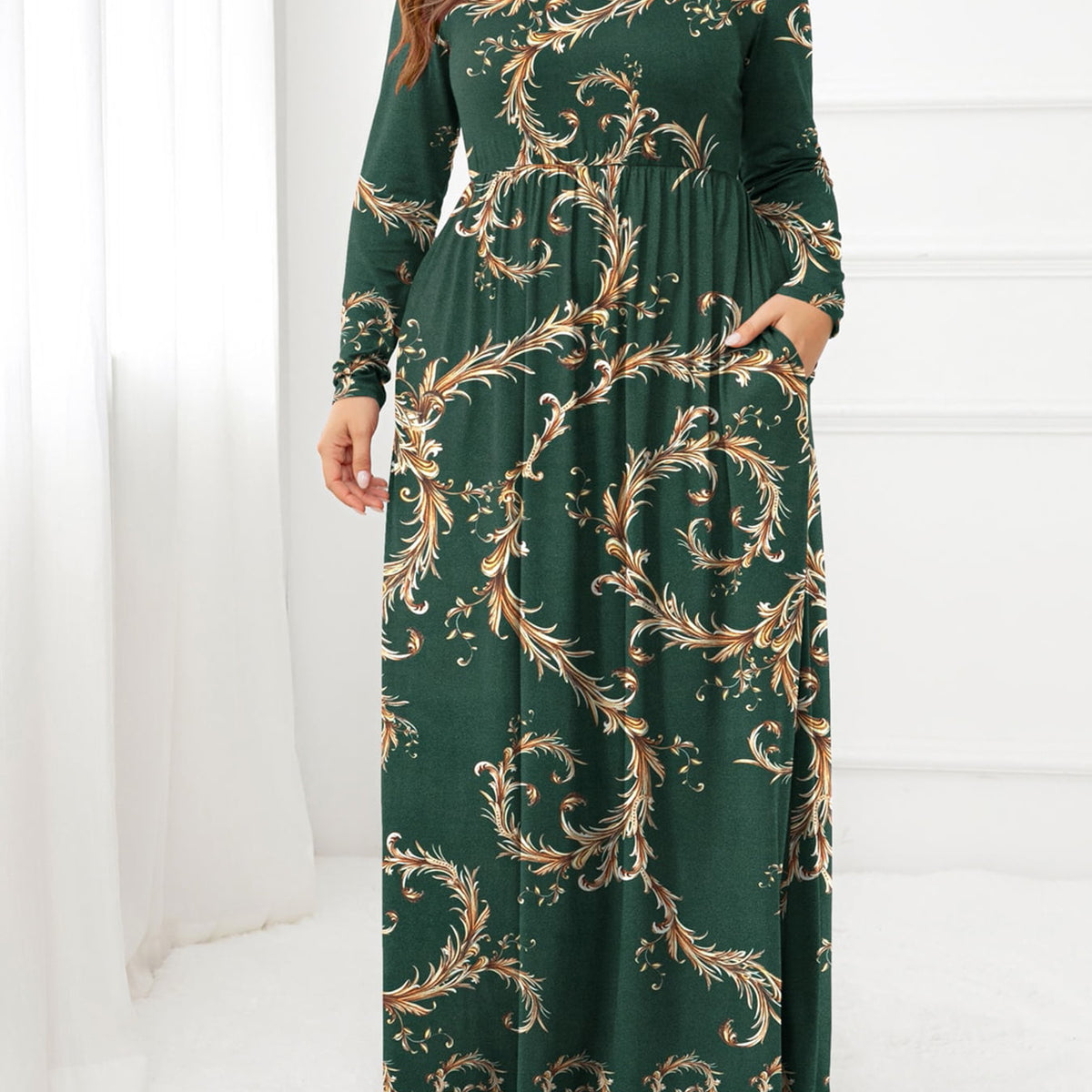 Plus Size Round Neck Maxi Dress with Pockets