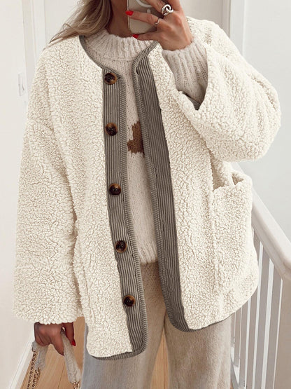 Contrast Button Up Sherpa Jacket with Pockets Cream