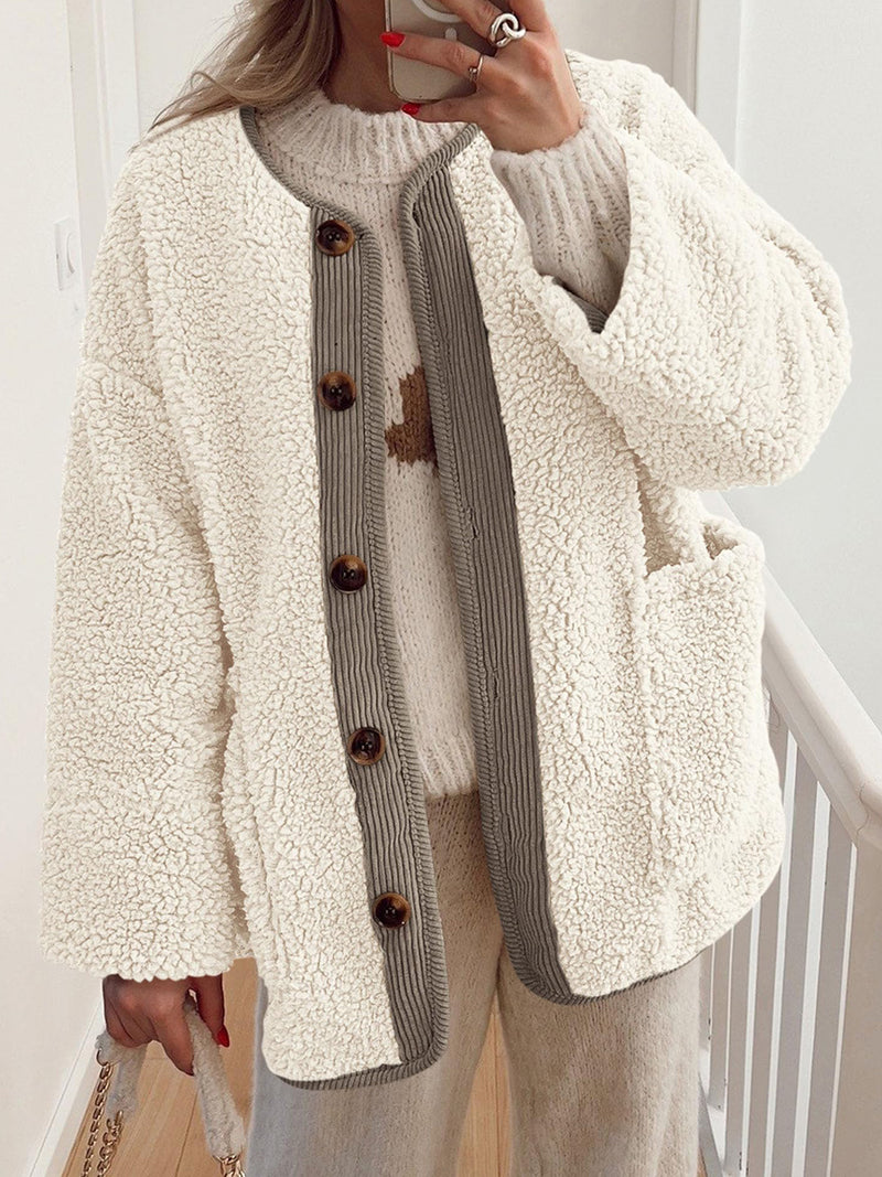 Contrast Button Up Sherpa Jacket with Pockets Cream