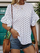 Perfee Slit Polka Dot Round Neck Half Sleeve Blouse White