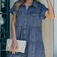 Button Front Raw Hem Denim Dress