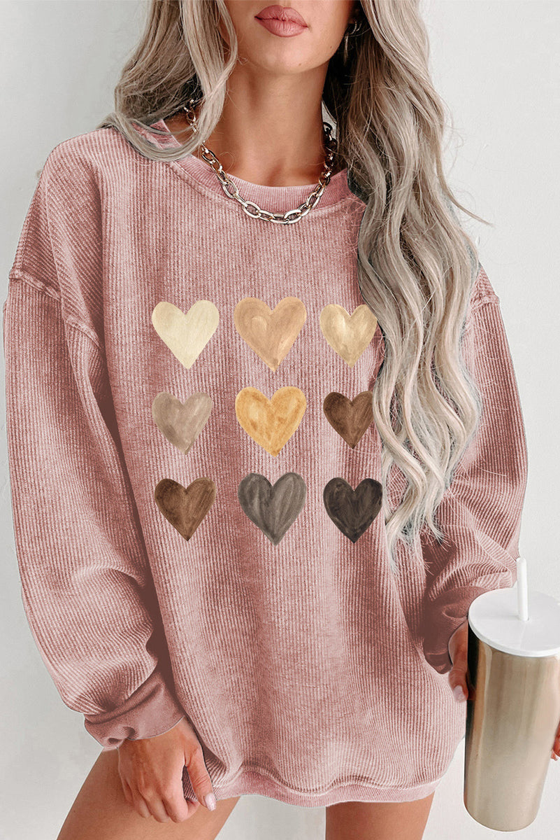 Heart Round Neck Dropped Shoulder Sweatshirt Dusty Pink