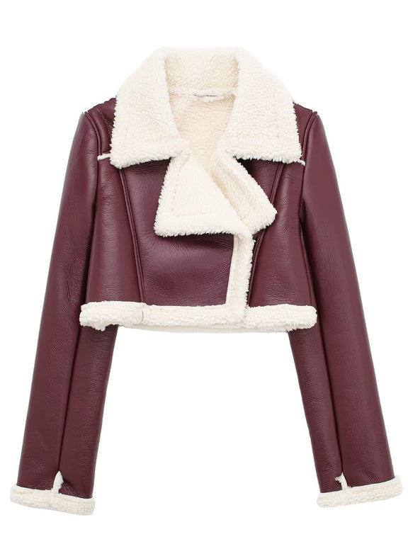 Collared Neck Long Sleeve Plush Cropped Jacket Burgundy
