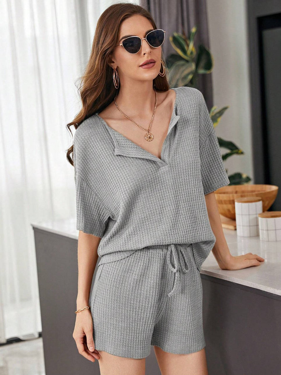 Full Size Waffle-Knit Dropped Shoulder Top and Shorts Set Dark Gray