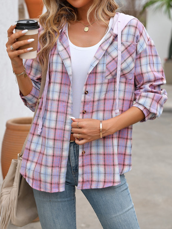 Plaid Long Sleeve Hooded Jacket Lilac