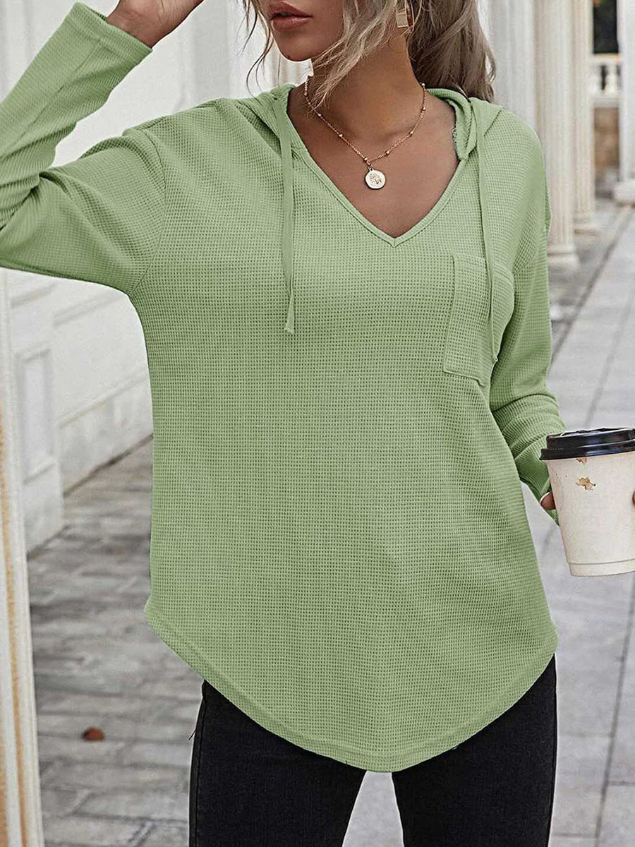 Drawstring Waffle Knit Long Sleeve Hooded Top Lime