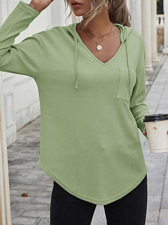 Drawstring Waffle Knit Long Sleeve Hooded Top Lime