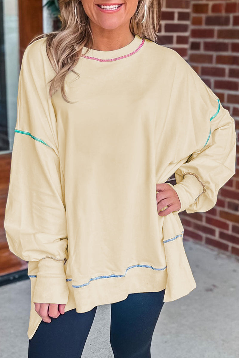 Slit Round Neck Lantern Sleeve Sweatshirt Ivory