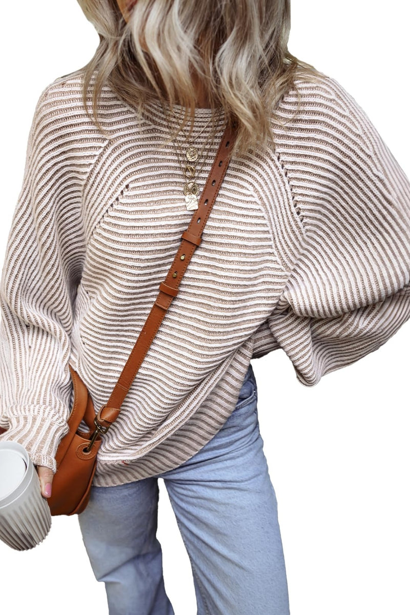 Textured Striped Round Neck Long Sleeve Top