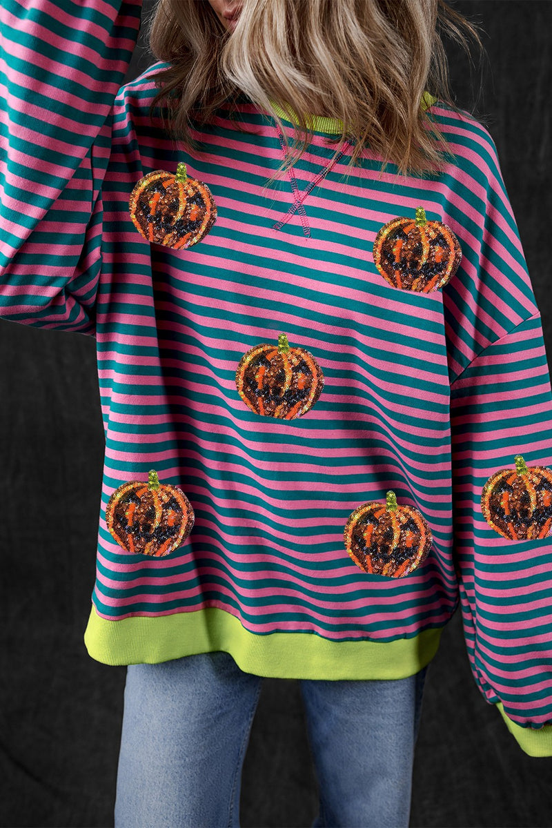 Pumpkin Striped Round Neck Long Sleeve Sweatshirt Moonlit Mauve
