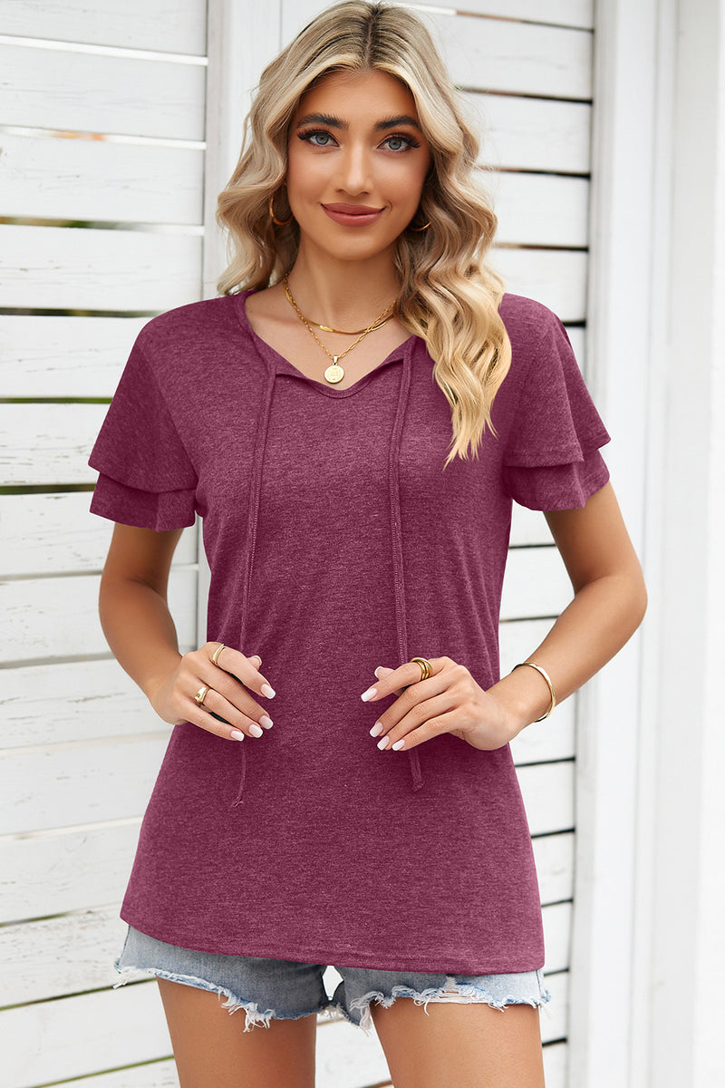 Tie Waist Flutter Sleeve Blouse Burgundy