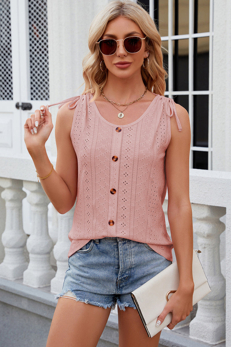 Eyelet Round Neck Wide Strap Tank Dusty Pink