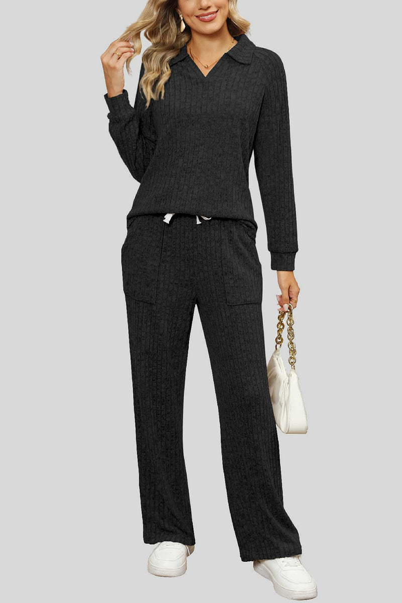Ribbed Long Sleeve Top and Pocketed Pants Set Black