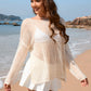 Openwork Slit Boat Neck Long Sleeve Cover-Up