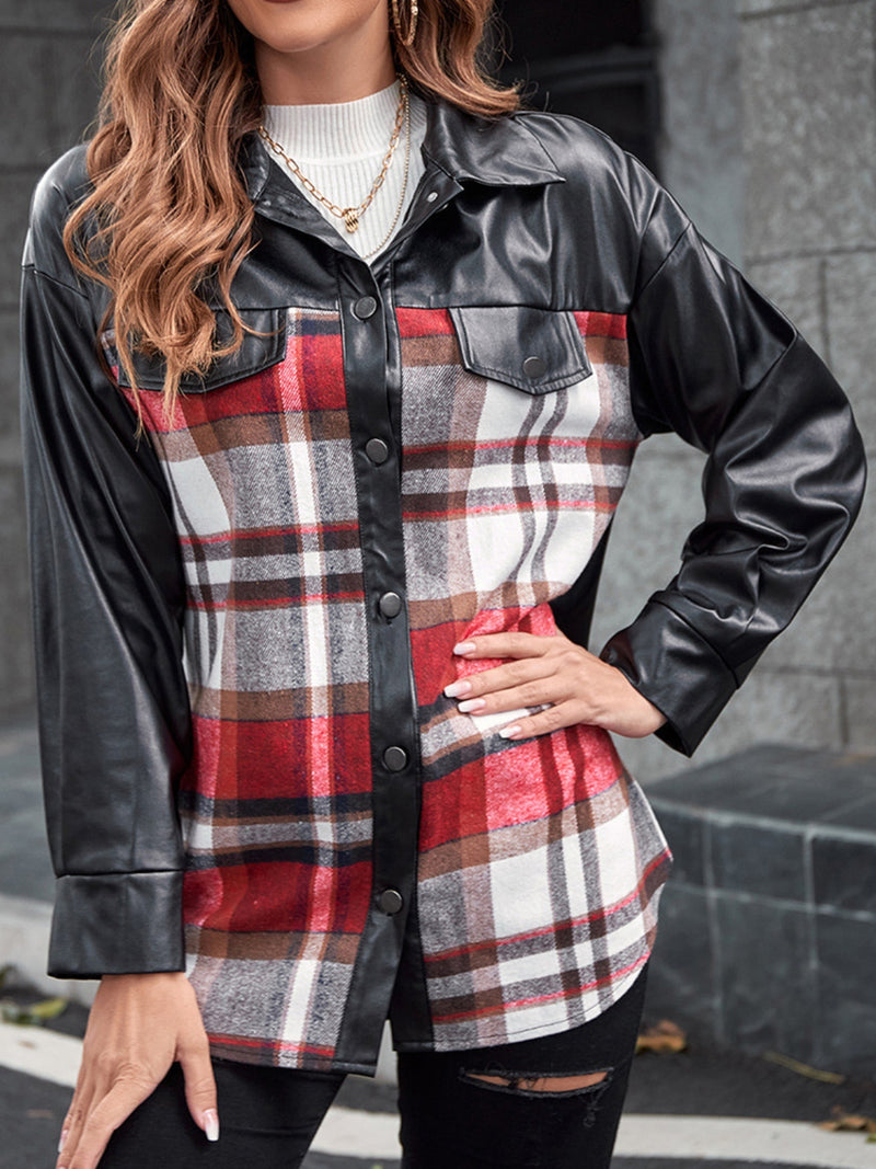Ivy Lane Plaid Button Up Dropped Shoulder Jacket Black