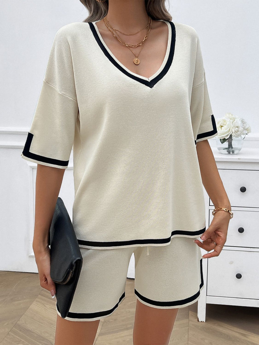 Contrast Trim V-Neck Top and Shorts Set White