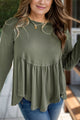 Plus Size Peplum Round Neck Long Sleeve Blouse Moss