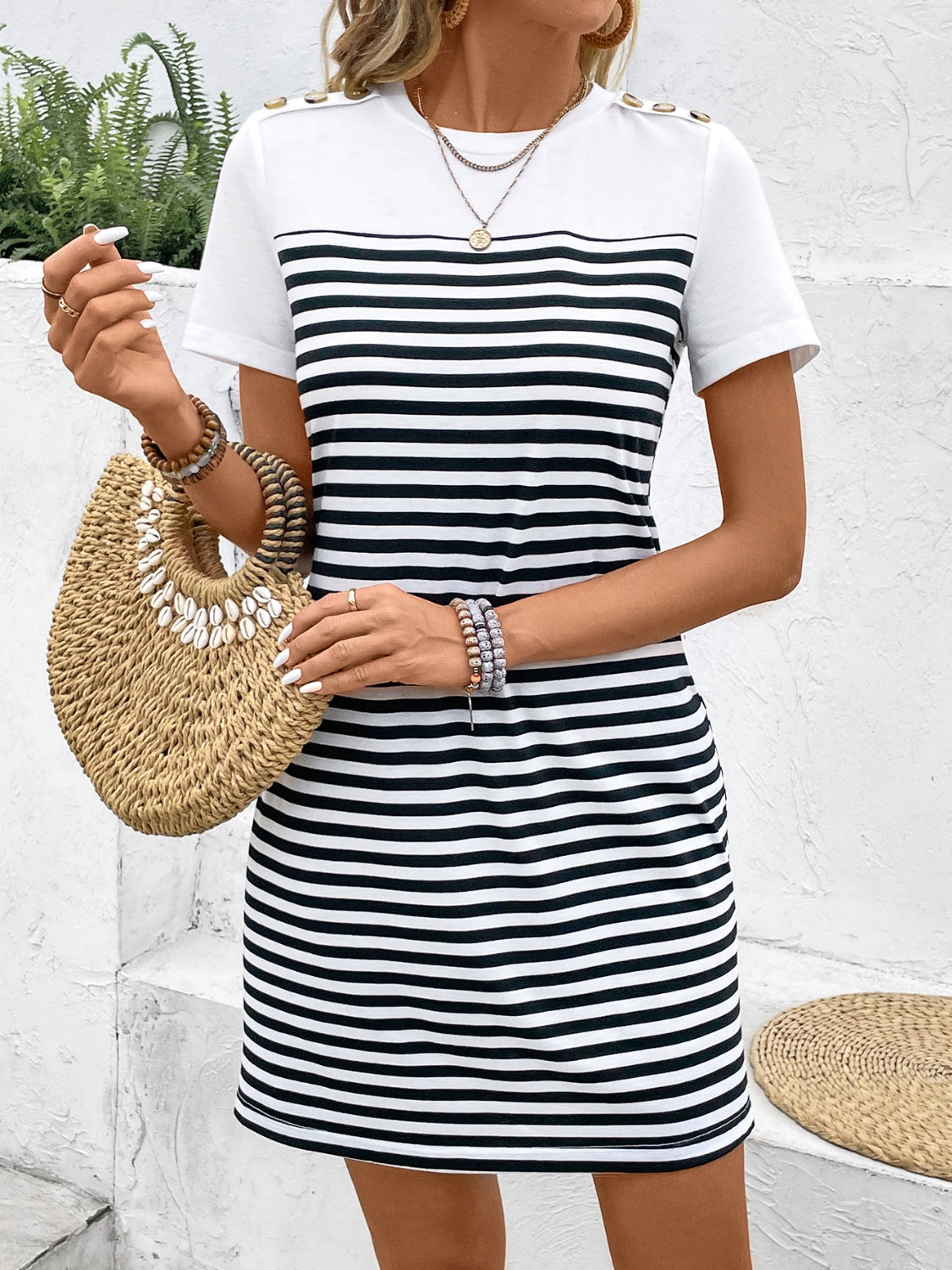 Striped Round Neck Short Sleeve Mini Tee Dress