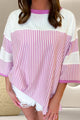 Striped Round Neck Three-Quarter Sleeve T-Shirt Pink