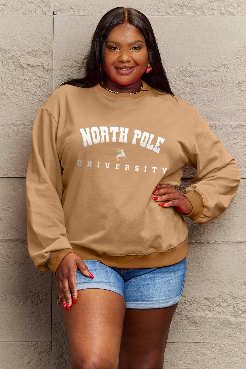 Simply Love Full Size NORTH POLE UNIVERSITY Graphic Sweatshirt Caramel