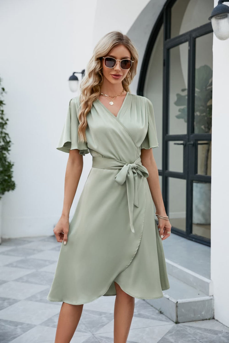Tie Waist Flutter Sleeve Surplice Dress Light Green