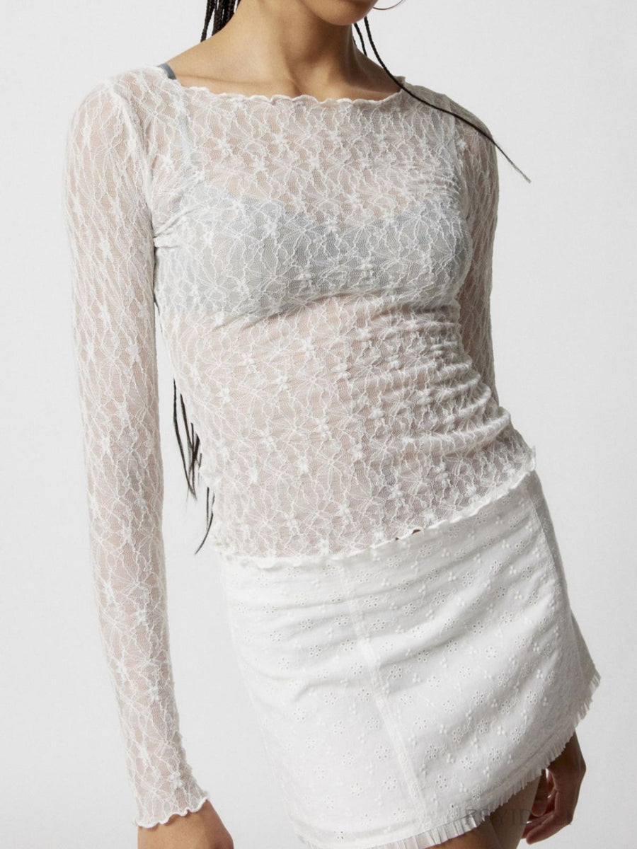 Lace Boat Neck Long Sleeve Blouse White
