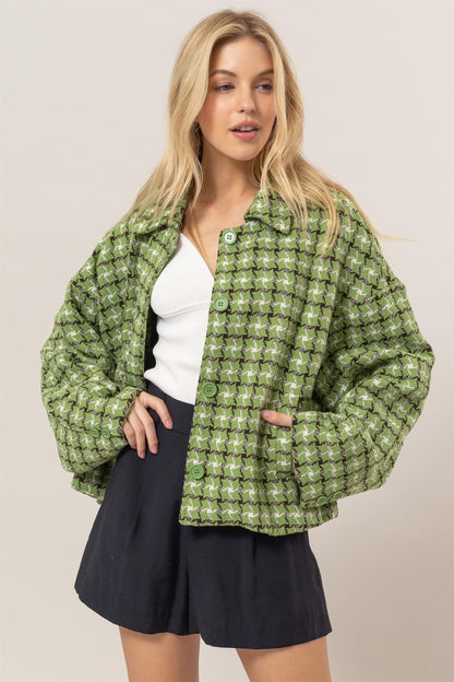 HYFVE Tweed Plaid Button Up Collared Neck Jacket Green