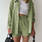 Texture Button Up Shirt and Drawstring Shorts Set