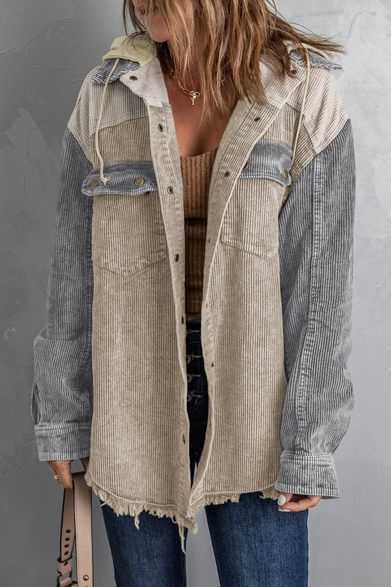 Snap Front Hooded Corduroy Shacket Tan