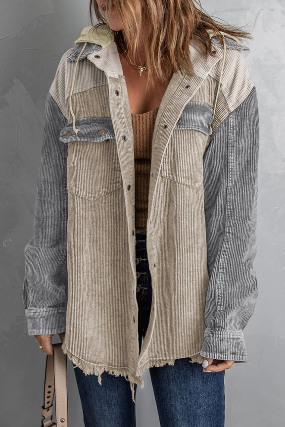 Snap Front Hooded Corduroy Shacket Tan