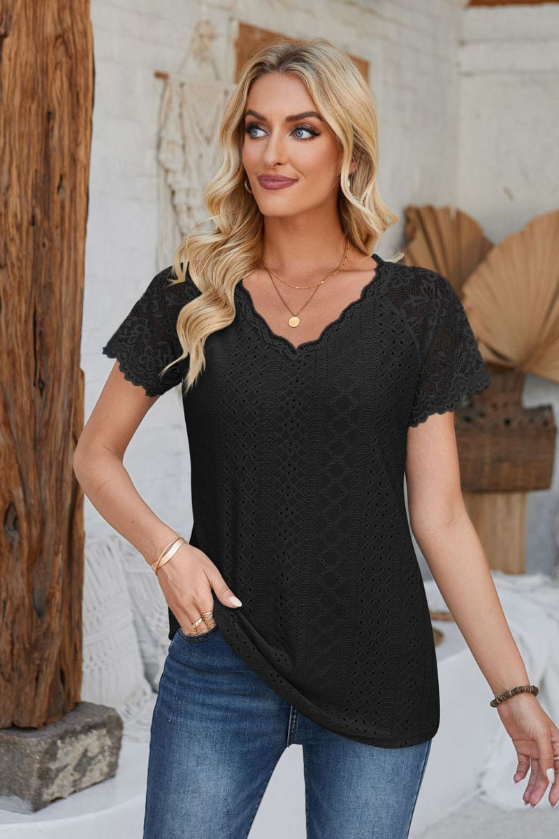Eyelet V-Neck Lace Short Sleeve T-Shirt Black