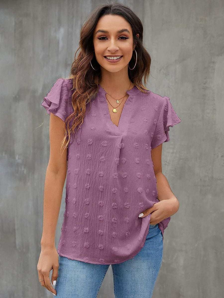 Swiss Dot Notched Cap Sleeve Blouse Red-Violet