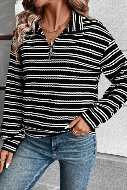 Striped Half Zip Long Sleeve Top Black