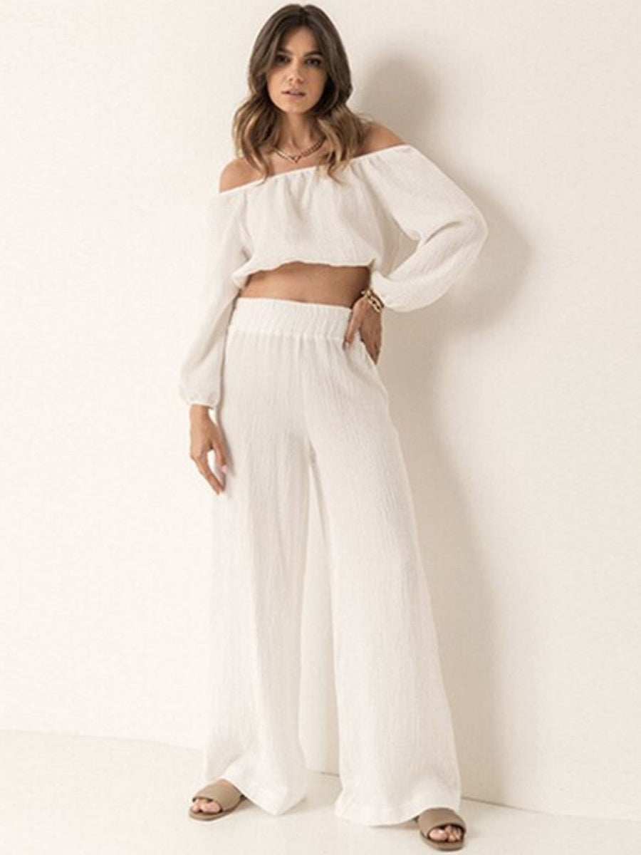Off Shoulder Long Sleeve Top and Pants Set White