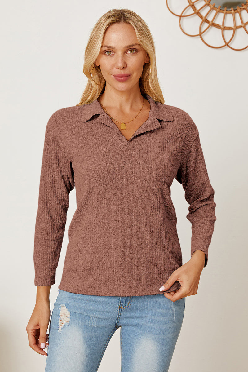 Collared Neck Dropped Shoulder T-Shirt Mocha