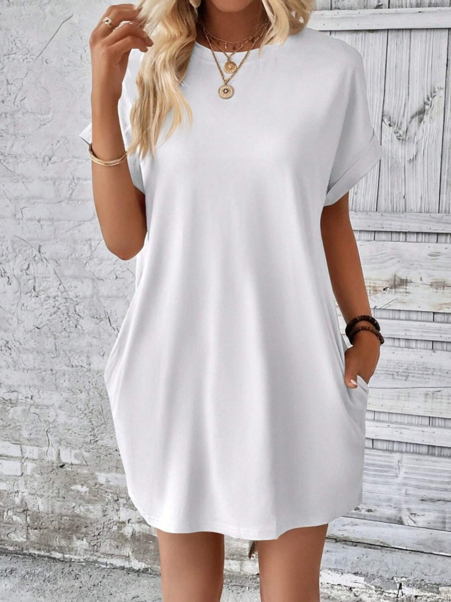 Pocketed Round Neck Short Sleeve Dress White