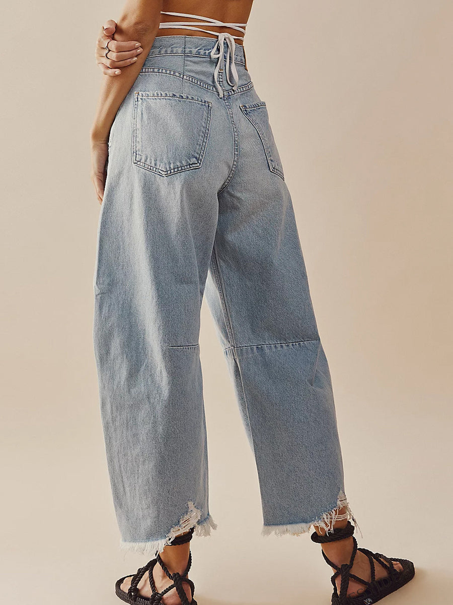 Raw Hem Wide Leg Jeans with Pockets Light