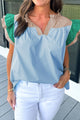 Color Block Notched Ruffled Cap Sleeve Blouse Light Blue