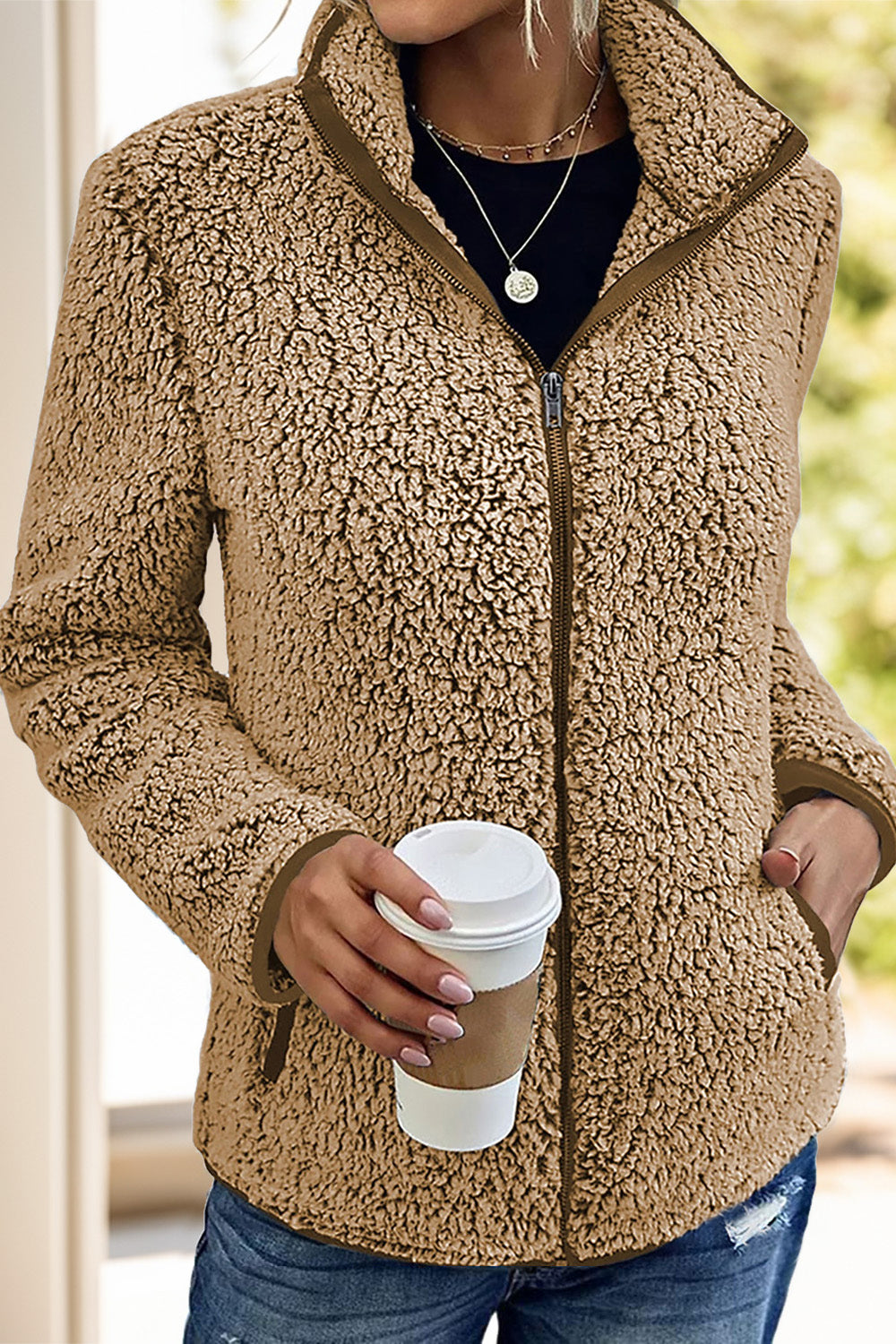 Pocketed Zip Up Turtleneck Jacket Camel