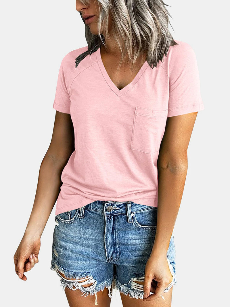 Pocketed V-Neck Short Sleeve T-Shirt Blush Pink