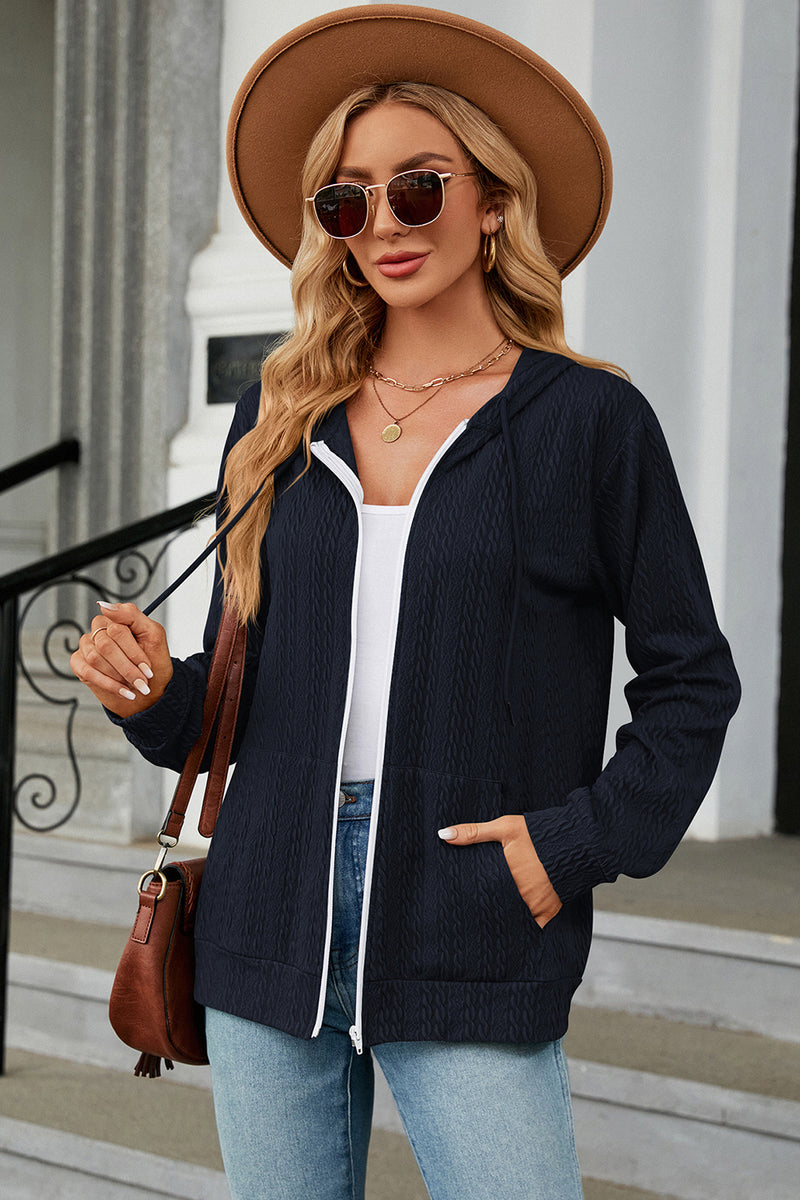 Drawstring Zip Up Long Sleeve Hoodie Dark Blue