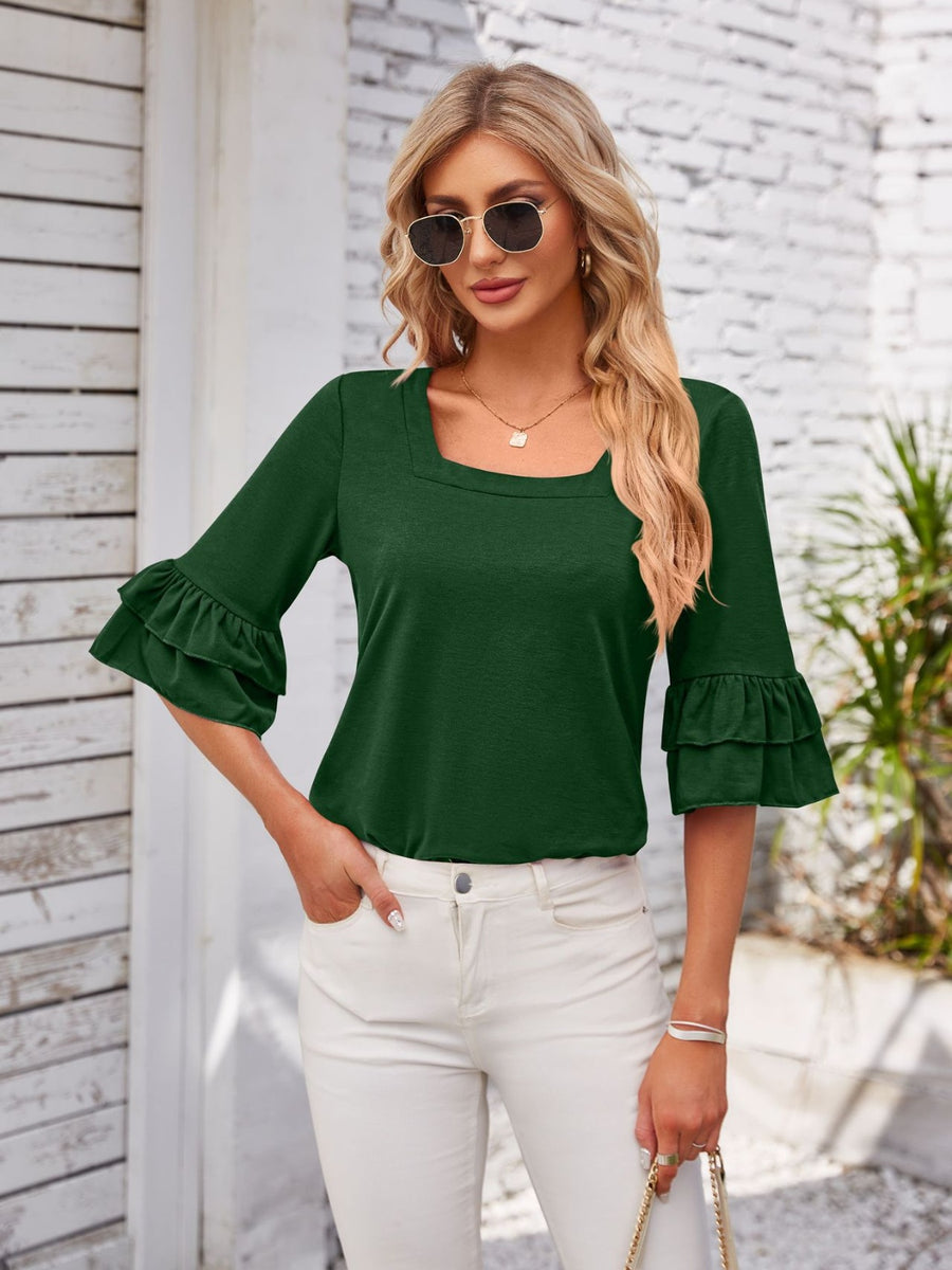 Ruffled Suqare Neck Half Sleeve Blouse Dark Green