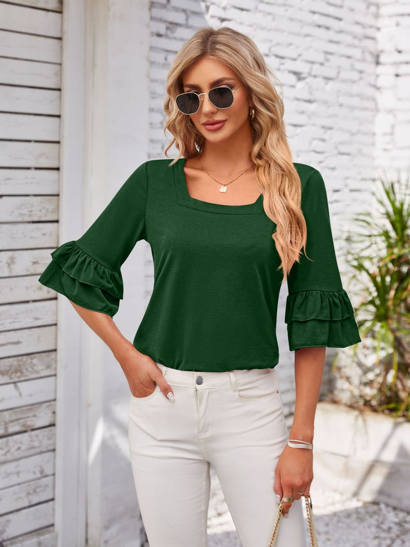 Ruffled Suqare Neck Half Sleeve Blouse Dark Green