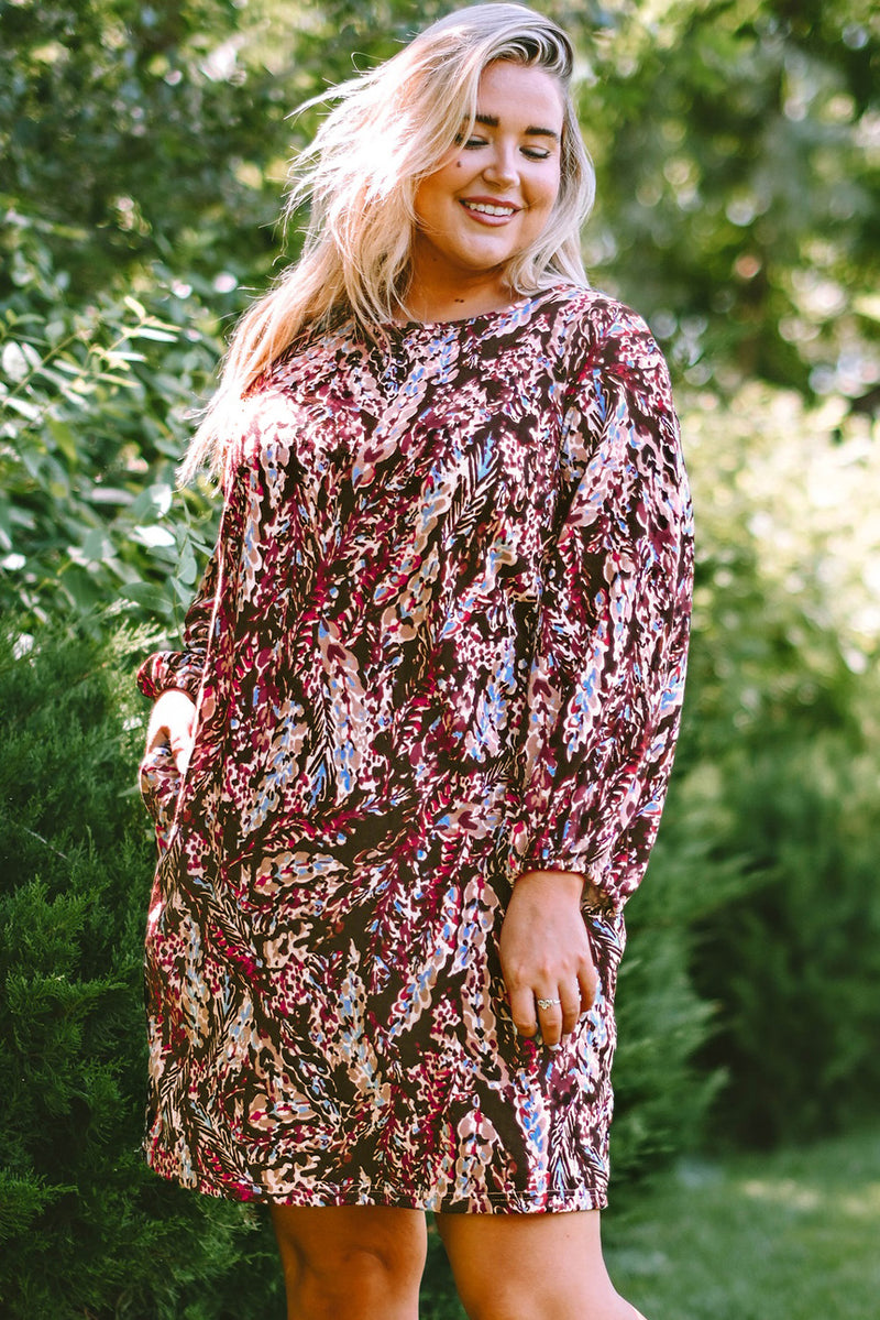 Plus Size Printed Round Neck Long Sleeve Mini Dress