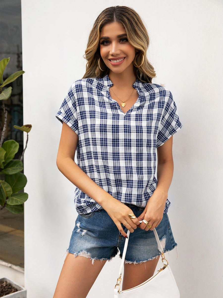 Ivy Lane Plaid Notched Short Sleeve Blouse Black