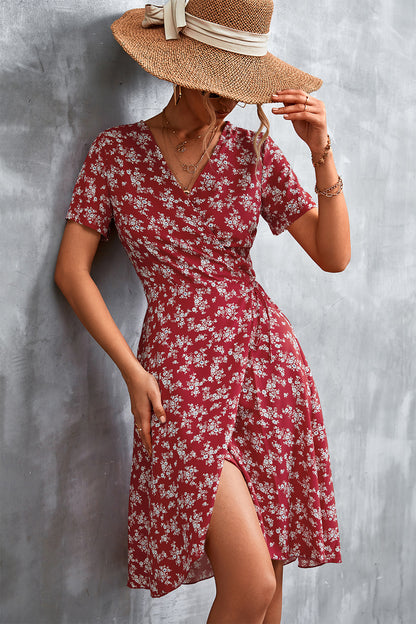 Floral Surplice Neck Flutter Sleeve Dress Deep Red