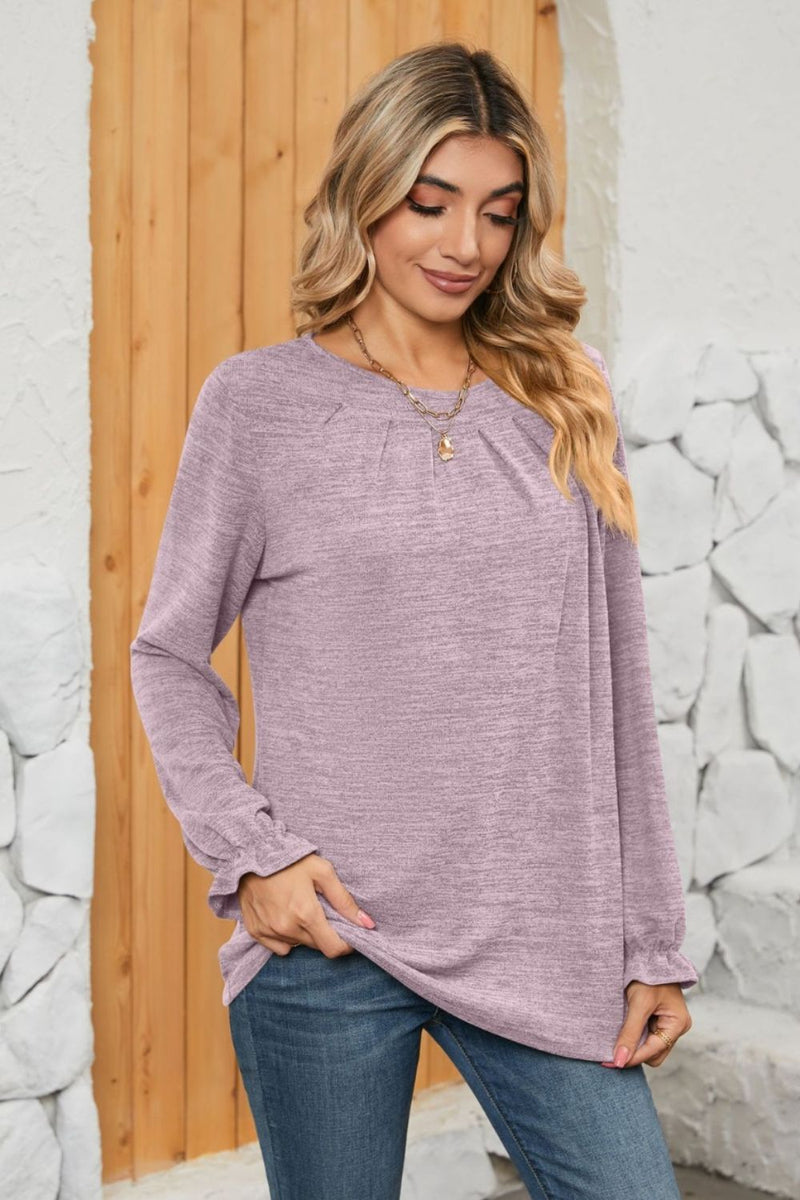 Ruched Round Neck Flounce Sleeve T-Shirt Lilac