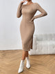 Long Sleeve Slit Midi Dress Tan