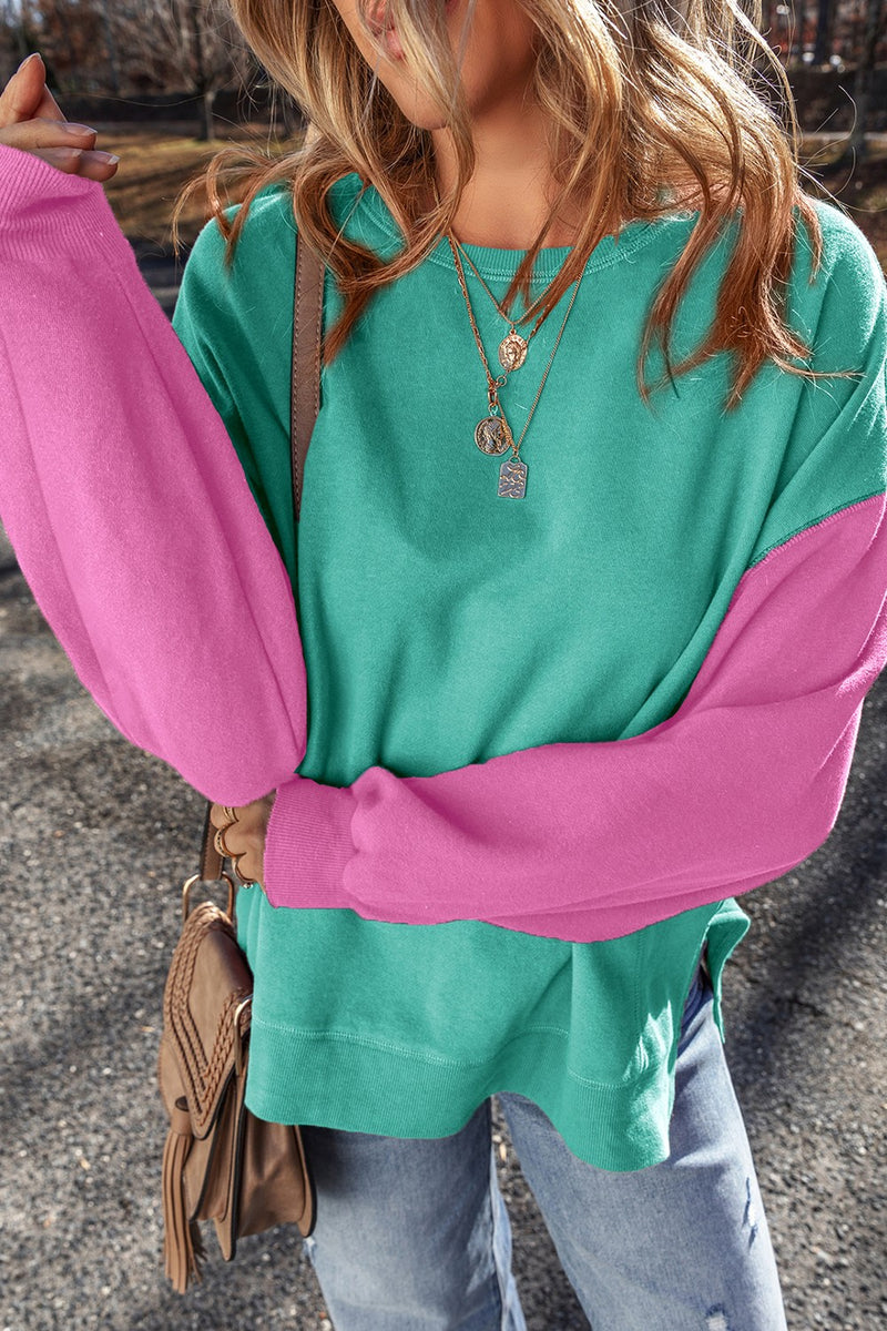 Contrast Round Neck Long Sleeve Sweatshirt Turquoise